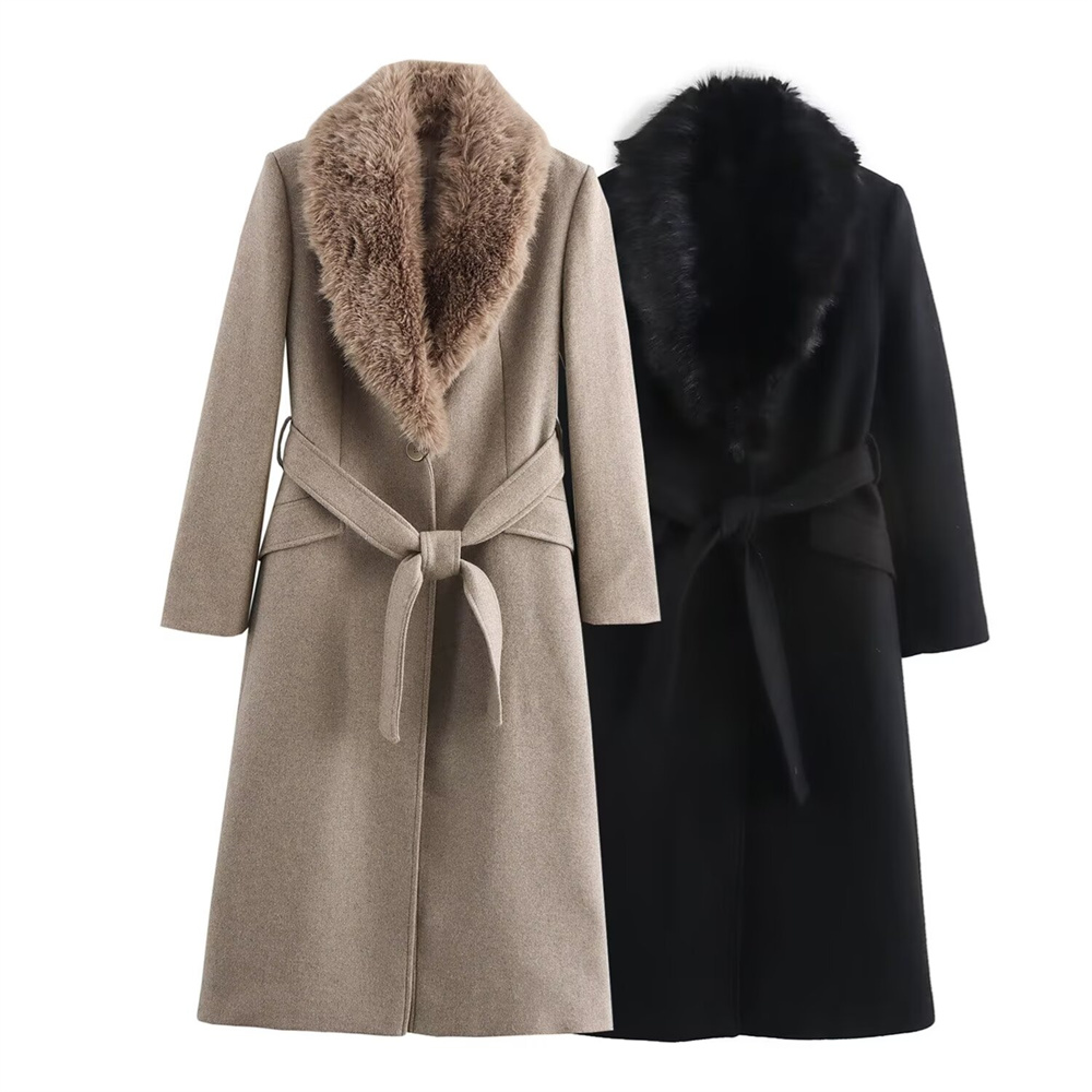 Wool Coat Peacoat - Women's Belt Warm Fur Collar Coat